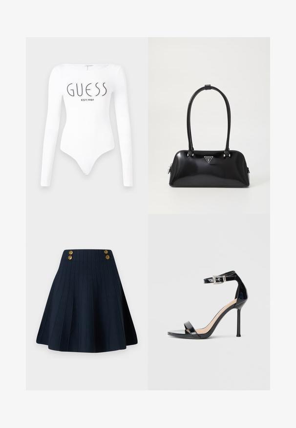 Bodysuit blanco de manga larga con escote redondo. Presenta el logo "GUESS" y "EST.1981" impresos en negro en la parte frontal. Textura suave.; Falda plisada azul marino con un tejido texturizado, cinturilla alta y dos botones dorados en el frente, creando una línea limpia y una forma estructurada.; Sandalia de tacón alto en piel sintética negra con correa en el tobillo. Presenta un diseño minimalista, punta abierta y una hebilla con detalles de pedrería.; Bolso de mano negro brillante con una silueta curva, dos asas y una placa de logo en la parte frontal. Cierre de cremallera y acentos de hardware brillante.