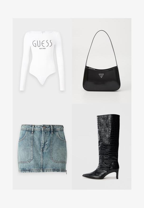 Bodysuit blanco de manga larga con escote redondo. Presenta el logo "GUESS" y "EST.1981" impresos en negro en la parte frontal. Textura suave.; Falda mini de mezclilla en azul claro con diseño de cinco bolsillos, pasadores para cinturón, cierre de botón metálico y costuras en contraste.; Botas negras de media caña con textura brillante de patrón de cocodrilo, punta afilada y tacón cónico. Material sintético liso.; Bolso de hombro de charol negro con forma curva, que presenta un logotipo triangular plateado y un cierre de cremallera. Textura suave y correa delgada.
