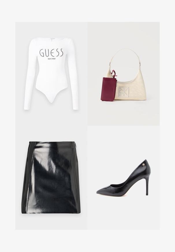 Hvid langærmet bodystocking med rund halsudskæring. Har "GUESS" logo og "EST.1981" trykt i sort på forsiden. Glat tekstur.; Sort læder mini skirt med en højglans finish. Har synlige syningsdetaljer og en tætsiddende silhuet. Glat tekstur hele vejen igennem.; Sort læderpump med høje hæle og spids tå, der har et udskåret design og en lille gulddetalje med logo på hælen.; Skuldertaske i cremefarvet netmateriale med en sølvfarvet geometrisk logo og en aftagelig bordeauxfarvet læderpung fastgjort til stroppen.