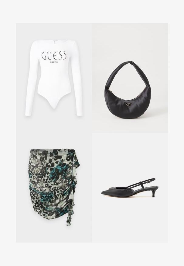 Hvid langærmet bodystocking med rund halsudskæring. Har "GUESS" logo og "EST.1981" trykt i sort på forsiden. Glat tekstur.; Rynket, let nederdel i nuancer af grøn, sort og grå med et leopardmønster og flæsedetaljer langs siden.; Sorte slingback-sko med spids tå, lavet af glat materiale, med en lille hæl og en dekorativ sølvaccent på vamps.; Sort satin håndtaske med en buet form, der har en lynlåslukning og et trekantet logo i metal på forsiden. Glat tekstur og slankt design.