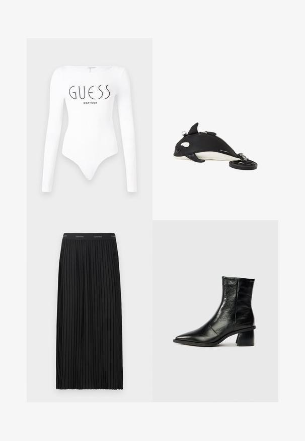 Hvid langærmet bodystocking med rund halsudskæring. Har "GUESS" logo og "EST.1981" trykt i sort på forsiden. Glat tekstur.; Sort plisset midi-nederdel med elastisk talje, der har et gentagende Calvin Klein-logo i hvid.; Sort læder ankelstøvle med spids tå, mellem blokhæl, glat tekstur og minimal syningsdetaljer. Brandlogo præget ved hælen.; Sort-hvid orkahvalformet skuldertaske med lynlåslukning, små finnerdetaljer og aftagelig rem, der er rullet sammen ved siden af.