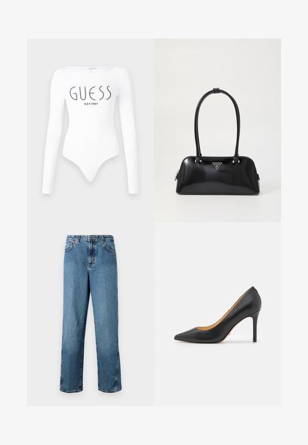 Hvid langærmet bodystocking med rund halsudskæring. Har "GUESS" logo og "EST.1981" trykt i sort på forsiden. Glat tekstur.; Lyseblå denimjeans med lige pasform, udstyret med stiklommer, en frontknaplukning og minimal falmning på stoffet.; Sort læder spidse stiletto hæle med høj hæl, der har en glat overflade og minimalistisk design. Indersiden er foret i tan farve.; Sort glanshandtaske med en buet silhuet, to håndtag og en frontlogo-plakette. Lynlås lukning og skinnende hardware-detaljer.