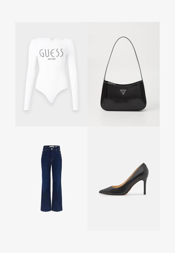 Hvid langærmet bodystocking med rund halsudskæring. Har "GUESS" logo og "EST.1981" trykt i sort på forsiden. Glat tekstur.; Mørkeblå bredbenede jeans med høj talje, der har knapdetaljer på siderne og en glat denimtekstur.; Sort læder spidse stiletto hæle med høj hæl, der har en glat overflade og minimalistisk design. Indersiden er foret i tan farve.; Sort patenteret læder skuldertaske med en buet form, prydet med et sølvfarvet trekantet logo og en lynlås-lukning. Glat tekstur og slank rem.