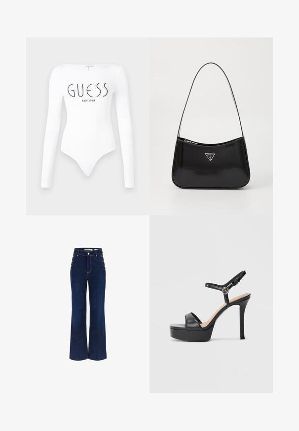 Hvid langærmet bodystocking med rund halsudskæring. Har "GUESS" logo og "EST.1981" trykt i sort på forsiden. Glat tekstur.; Mørkeblå bredbenede jeans med høj talje, der har knapdetaljer på siderne og en glat denimtekstur.; Sorte platformsandaler med høj stiletthæl, der har en glat læderoverdel, peep toe-design og en justerbar ankelrem med metalbeslag.; Sort patenteret læder skuldertaske med en buet form, prydet med et sølvfarvet trekantet logo og en lynlås-lukning. Glat tekstur og slank rem.