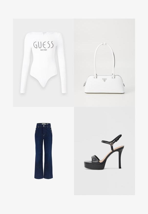 Hvid langærmet bodystocking med rund halsudskæring. Har "GUESS" logo og "EST.1981" trykt i sort på forsiden. Glat tekstur.; Mørkeblå bredbenede jeans med høj talje, der har knapdetaljer på siderne og en glat denimtekstur.; Sorte platformsandaler med høj stiletthæl, der har en glat læderoverdel, peep toe-design og en justerbar ankelrem med metalbeslag.; Hvid lædertaske med en buet form, der har et sølvtrapezlogo og lynlåslukning. Glat tekstur og dobbelthåndtag.