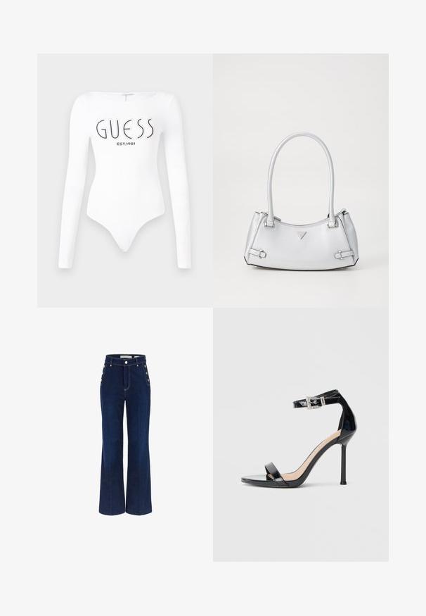 Hvid langærmet bodystocking med rund halsudskæring. Har "GUESS" logo og "EST.1981" trykt i sort på forsiden. Glat tekstur.; Mørkeblå bredbenede jeans med høj talje, der har knapdetaljer på siderne og en glat denimtekstur.; Sort højhælet sandal i laklæder med ankelrem. Har minimalistisk design, åben tå og spænde med rhinsten-detaljer.; Sølv håndtaske med et struktureret design, der har to håndtag, en skinnende overflade, accenthardware og et trekantet logo på fronten.