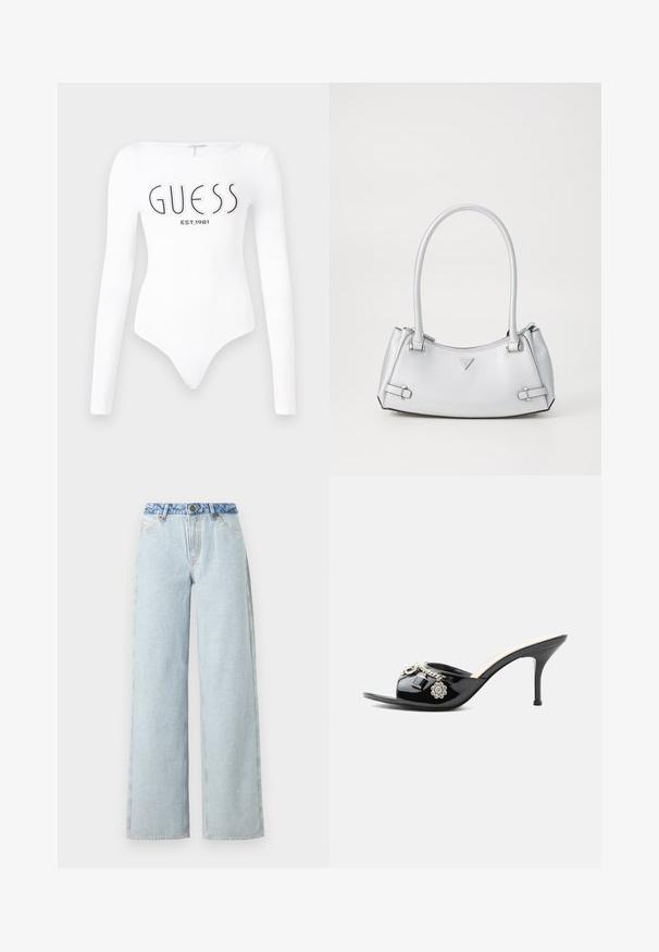 Biely dlhý rukáv body s okrúhlym výstrihom. Na prednej strane sa nachádza čierne logo "GUESS" a nápis "EST.1981". Hladká textúra.; Svetlomodré široké džínsy s vyblednutým umývaním, s kontrastným modrým denimu v páse a tradičným päťvreckovým dizajnom.; Čierne lakované kožené mule na vysokom opätku s otvorenou špičkou a ozdobnými striebornými príveskami vrátane kvetu a visacieho zámku na prednom remienku.; Strieborná kabelka so štruktúrovaným dizajnom, s dvoma ušami, lesklou textúrou, akcentovaným hardvérom a trojuholníkovým logom na prednej strane.