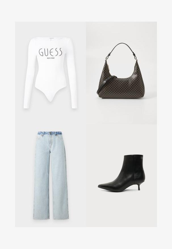 Biely dlhý rukáv body s okrúhlym výstrihom. Na prednej strane sa nachádza čierne logo "GUESS" a nápis "EST.1981". Hladká textúra.; Svetlomodré široké džínsy s vyblednutým umývaním, s kontrastným modrým denimu v páse a tradičným päťvreckovým dizajnom.; Čierna kožená členková šnúrovacia obuv s ostrou špičkou a nízkym kitten podpätkom na svetlom pozadí, pohľad z vonkajšej strany.; Čierna kožená kabelka na rameno s opakujúcim sa béžovým geometrickým vzorom, zlatým zipsom a dvoma nastaviteľnými popruhmi na bielom pozadí.