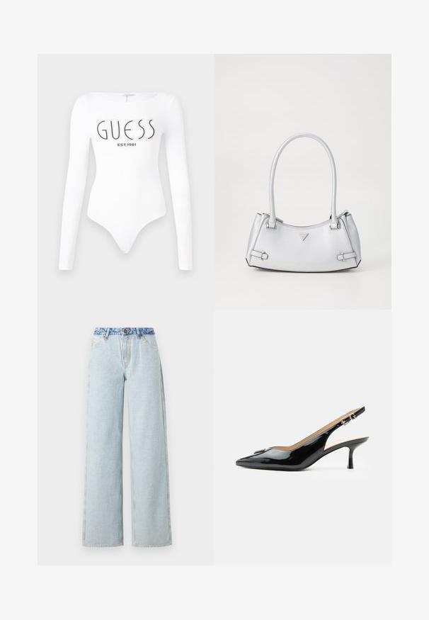 Weißer Langarm-Bodysuit mit Rundhalsausschnitt. Auf der Vorderseite mit "GUESS"-Logo und "EST.1981" in Schwarz bedruckt. Glatte Textur.; Hellblaue Schlagjeans mit einer ausgewaschenen Optik, ausgestattet mit einem kontrastierenden blauen Denim-Bund und dem klassischen Fünf-Taschen-Design.; Schwarzer Pumps mit Riemchen aus Lackleder, spitz zulaufender Zehenpartie, kleinem Kitten-Heel und silberner Schnalle auf weißem Hintergrund.; Silberne Handtasche mit einem strukturierten Design, ausgestattet mit zwei Griffen, glänzender Oberfläche, Akzentbeschlägen und einem dreieckigen Logo auf der Vorderseite.