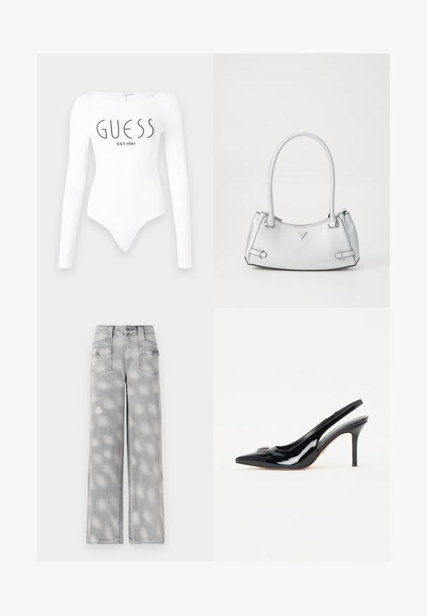 Biely dlhý rukáv body s okrúhlym výstrihom. Na prednej strane sa nachádza čierne logo "GUESS" a nápis "EST.1981". Hladká textúra.; Svetlo šedé široké džíny s vysokým pásom, štyrmi vreckami a vyblednutým vzorom pre pohodlný strih.; Čierne lakované kožené slingback topánky s ostrou špičkou, štíhlým stiletto podpätkom a ozdobným prvkom na priehlavku.; Strieborná kabelka so štruktúrovaným dizajnom, s dvoma ušami, lesklou textúrou, akcentovaným hardvérom a trojuholníkovým logom na prednej strane.
