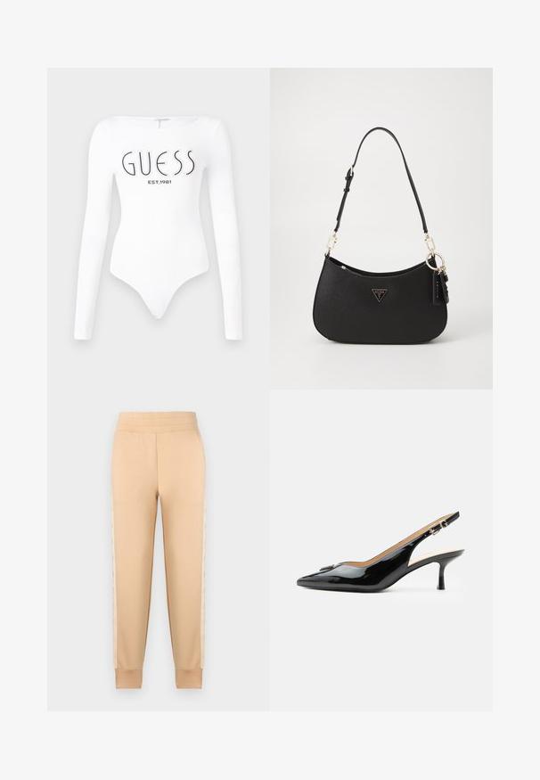Hvid langærmet bodystocking med rund halsudskæring. Har "GUESS" logo og "EST.1981" trykt i sort på forsiden. Glat tekstur.; Beige sweatpants med en glat tekstur, der har et tapered design, elastisk talje og mønstrede sidelommer.; Sort patentlæder slingback hæl med spids tå, lille kitten hæl og sølvspænde på en ensartet hvid baggrund.; Sort syntetisk håndtaske med en buet form, guldfarvet hardware og et trekantet logo. Har lynlås lukning og en justerbar rem.