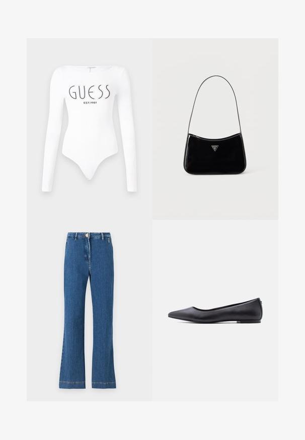 Biely dlhý rukáv body s okrúhlym výstrihom. Na prednej strane sa nachádza čierne logo "GUESS" a nápis "EST.1981". Hladká textúra.; Vysoké zvonové džínsy vyrobené z denimového materiálu stredne modrej farby, so zapínaním na gombík, prednými vreckami a viditeľným prešitím pozdĺž lemu.; Čierna kožená balerína s špičatou špičkou a nízkym podpätkom, zobrazená z profilu na bielom pozadí.; Čierna kabelka cez rameno z lakovanej kože s úzkym pásikom, trojuholníkovým logom Guess na prednej strane a horným zipsovým uzáverom.