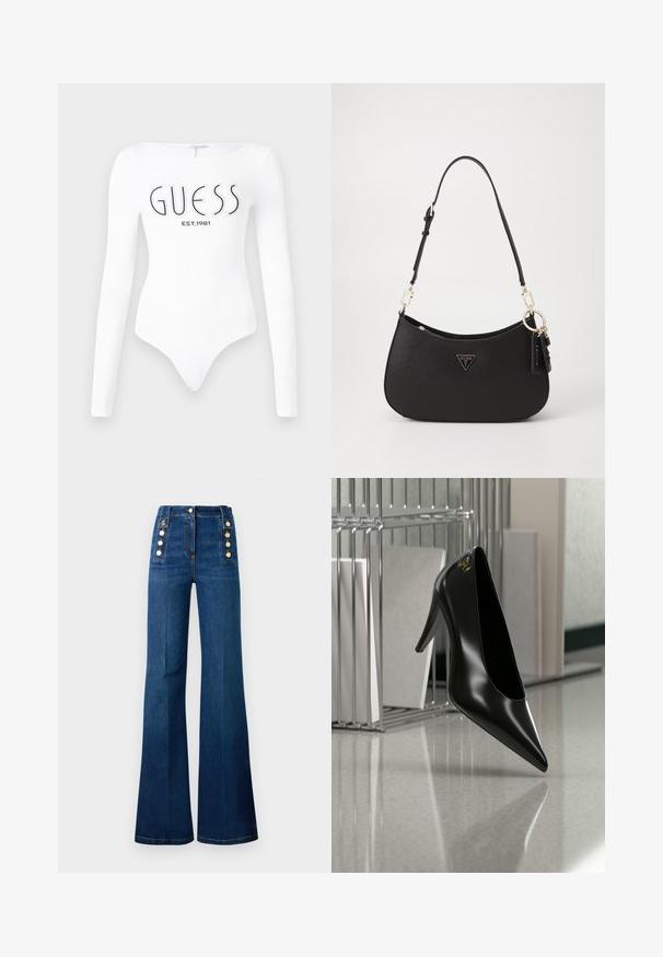 Biely dlhý rukáv body s okrúhlym výstrihom. Na prednej strane sa nachádza čierne logo "GUESS" a nápis "EST.1981". Hladká textúra.; Dlhé zvonové džínsy s vysokým pásom v tmavomodrom denimovom materiáli, so zlatými gombíkmi na stranách a hladkou textúrou.; Čierna lodička na vysokom opätku so špicatou špičkou a zlatým logom, umiestnená na lesklej ploche vedľa chrómového drôteného organizéra na dokumenty.; Čierna syntetická kabelka s zakriveným tvarom, zlatou hardware a trojuholníkovým logom. Obsahuje zips a nastaviteľný popruh.