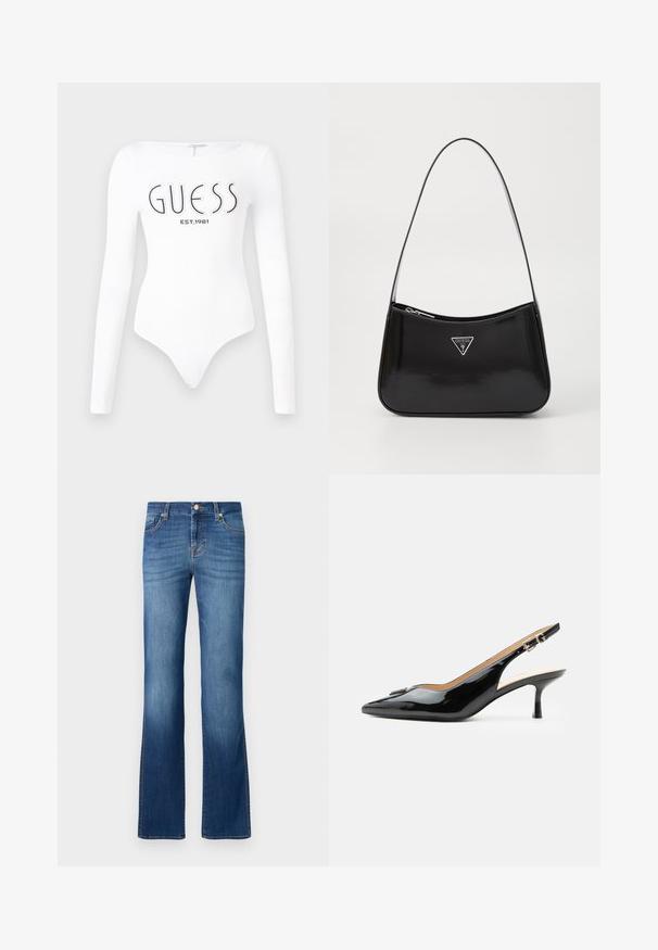Biely dlhý rukáv body s okrúhlym výstrihom. Na prednej strane sa nachádza čierne logo "GUESS" a nápis "EST.1981". Hladká textúra.; Modré denimové rozšírené džínsy so klasickým päť-vreckovým dizajnom, s faded umývaním, zlatým stehom a gombíkovým zapínaním v páse.; Čierny lakovaný slingback s špicatou špičkou, nízkym kitten opätkom a striebornou prackou na čistom bielom pozadí.; Čierna lesklá kožená taška na rameno s zakriveným tvarom, s farebným strieborným trojuholníkovým logom a zipsom. Hladký povrch a úzky popruh.