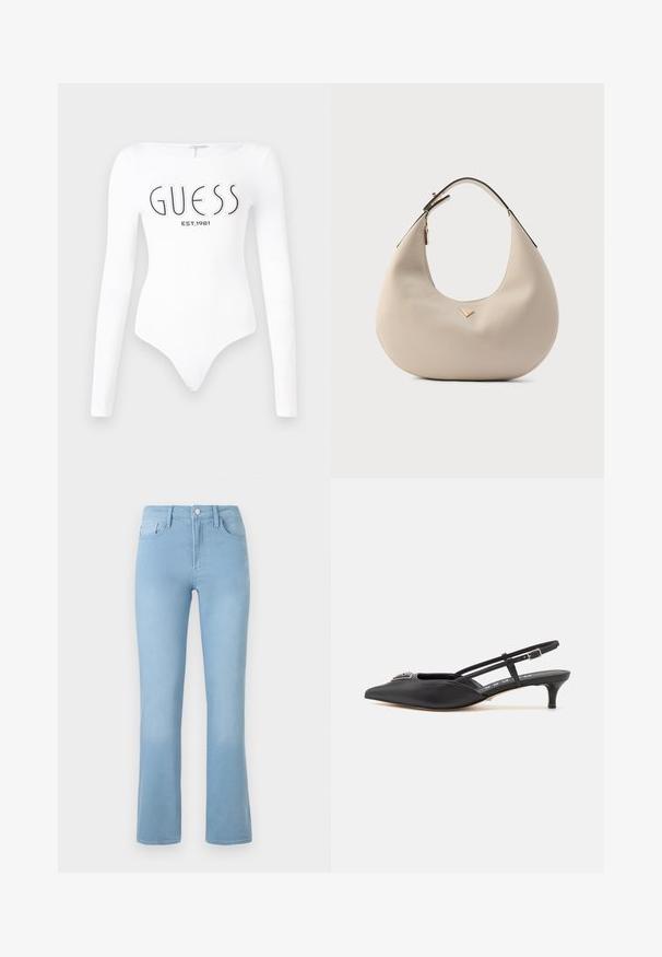 Body à manches longues blanc avec un col rond. Présente le logo "GUESS" et "EST.1981" imprimés en noir sur le devant. Texture lisse.; Jeans évasés bleu clair en denim avec une taille haute, un design à cinq poches et une fermeture à bouton à l'avant. Texture lisse sur l'ensemble.; Chaussures noires à talon slingback avec un bout pointu, en matériau lisse, dotées d'un petit talon et d'un accent décoratif en argent sur le dessus.; Sac hobo en cuir beige à texture lisse, forme arrondie et une seule bandoulière noire. Présente un détail en métal doré.