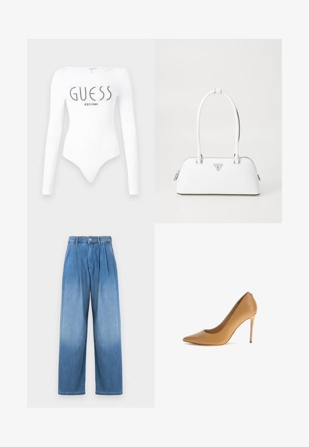Witte lange mouw bodysuit met een ronde hals. Voorzien van het 'GUESS' logo en 'EST.1981' in het zwart gedrukt op de voorkant. Soepele textuur.; Lichtblauwe denim broek met een hoge taille, ontspannen wijde pijpen en voorkruimels. Voorzien van een knoop- en ritssluiting.; Puntige hoge hak schoen in soepel bruin leer met een slanke silhouet, slanke hak en subtiele achterrits detail.; Witte leren handtas met een gebogen vorm, voorzien van een zilveren driehoekig logo en ritssluiting. Gladde textuur en dubbele handvaten.
