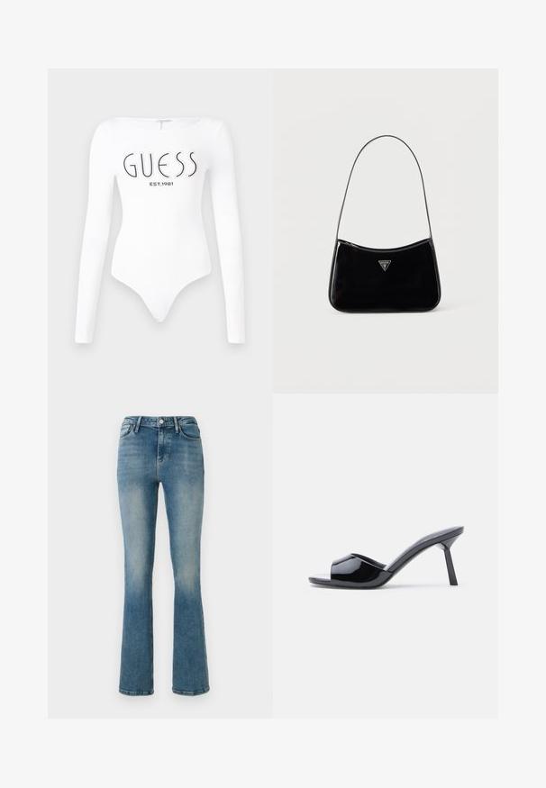 Witte lange mouw bodysuit met een ronde hals. Voorzien van het 'GUESS' logo en 'EST.1981' in het zwart gedrukt op de voorkant. Soepele textuur.; Lichtblauwe flared jeans van denim met vijf zakken, een hoge taille en stikselDetails. De stof heeft een licht vervaagde wassing en een gladde textuur.; Zwarte lakleren open-teen sandalen met hak, met een gebogen bovenkant ontwerp en een taps toelopende naaldhak. Gladde glanzende afwerking.; Zwarte schoudertas van lakleer met een smalle band, driehoekig Guess-logo aan de voorkant en een ritssluiting bovenaan.
