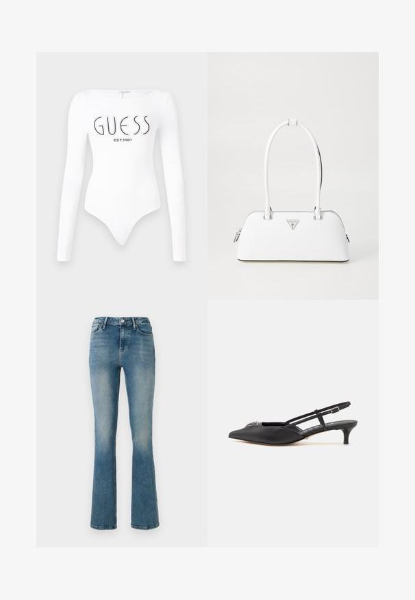 Witte lange mouw bodysuit met een ronde hals. Voorzien van het 'GUESS' logo en 'EST.1981' in het zwart gedrukt op de voorkant. Soepele textuur.; Lichtblauwe flared jeans van denim met vijf zakken, een hoge taille en stikselDetails. De stof heeft een licht vervaagde wassing en een gladde textuur.; Zwarte slingback schoenen met een puntige neus, gemaakt van glad materiaal, met een kleine hak en een decoratieve zilverkleurige accent op de wreef.; Witte leren handtas met een gebogen vorm, voorzien van een zilveren driehoekig logo en ritssluiting. Gladde textuur en dubbele handvaten.