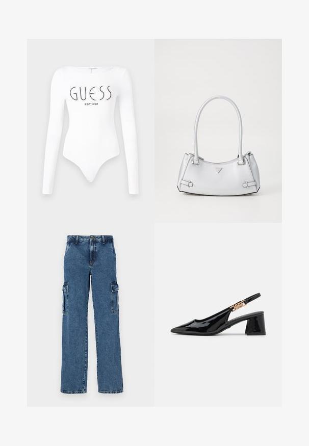 Bodysuit blanco de manga larga con escote redondo. Presenta el logo "GUESS" y "EST.1981" impresos en negro en la parte frontal. Textura suave.; Pantalones cargo de denim azul con un ajuste relajado, que cuentan con dos bolsillos laterales, costuras reforzadas y un diseño de pierna recta.; Zapatos de charol negro con tacón de pala y puntera afilada, con detalles en tono dorado en la correa, que presentan un tacón cuadrado. Textura suave.; Bolso de mano plateado con un diseño estructurado, que cuenta con dos asas, textura brillante, herrajes de acento y un logo triangular en la parte frontal.