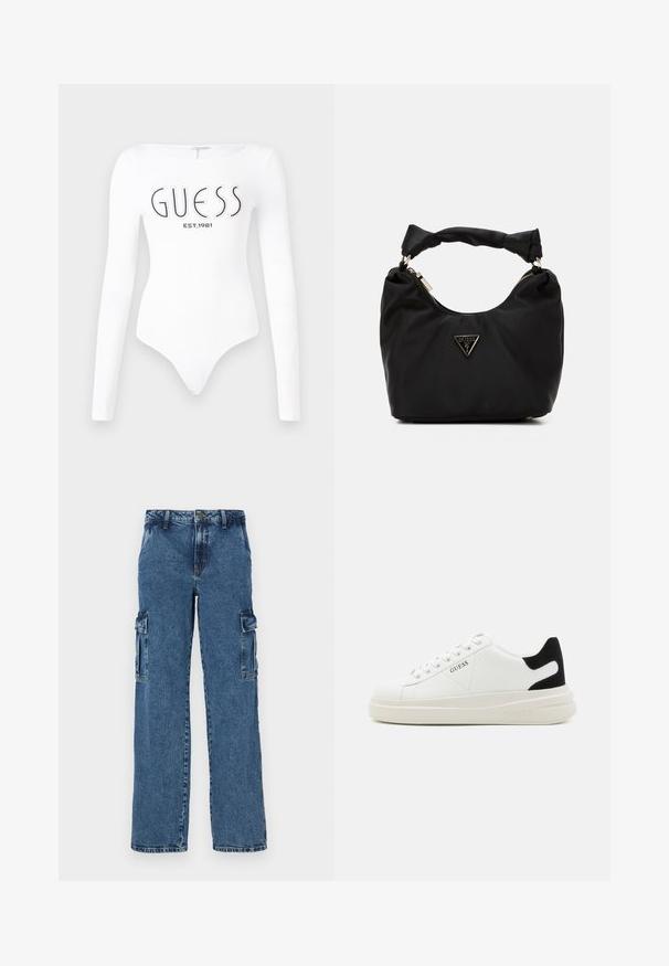 Bodysuit blanco de manga larga con escote redondo. Presenta el logo "GUESS" y "EST.1981" impresos en negro en la parte frontal. Textura suave.; Pantalones cargo de denim azul con un ajuste relajado, que cuentan con dos bolsillos laterales, costuras reforzadas y un diseño de pierna recta.; Zapatillas blancas de cuero con una suela blanca gruesa, acento en el talón de ante negro y logo grabado en el lateral. Diseño de cordones con seis ojales.; Bolso de tela negra con forma curvada, asa anudada, detalle prominente del logo dorado y cierre de cremallera. Textura suave y diseño minimalista.