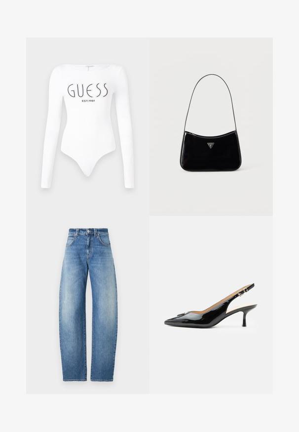 Valkoinen pitkähiha bodysuit, jossa on pyöreä pääntie. Edessä mustalla painettuna "GUESS" -logo ja "EST.1981". Sujuva rakenne.; Vaaleansinisiä suoria farkkuja, joissa on korkea vyötärö, klassinen viiden taskun muotoilu ja hienovarainen kuluminen. Valmistettu sileästä denim-kankaasta.; Musta kiiltonahkainen slingback-korkokenkä, jossa kärkiosa on terävä, pieni kitten-korko ja hopeinen solkiremmi valkoisella yksivärisellä taustalla.; Musta kiiltävänahkainen olkalaukku ohuella hihnalla, edessä kolmiomainen Guess-logo ja yläreunassa vetoketjusuljenta.