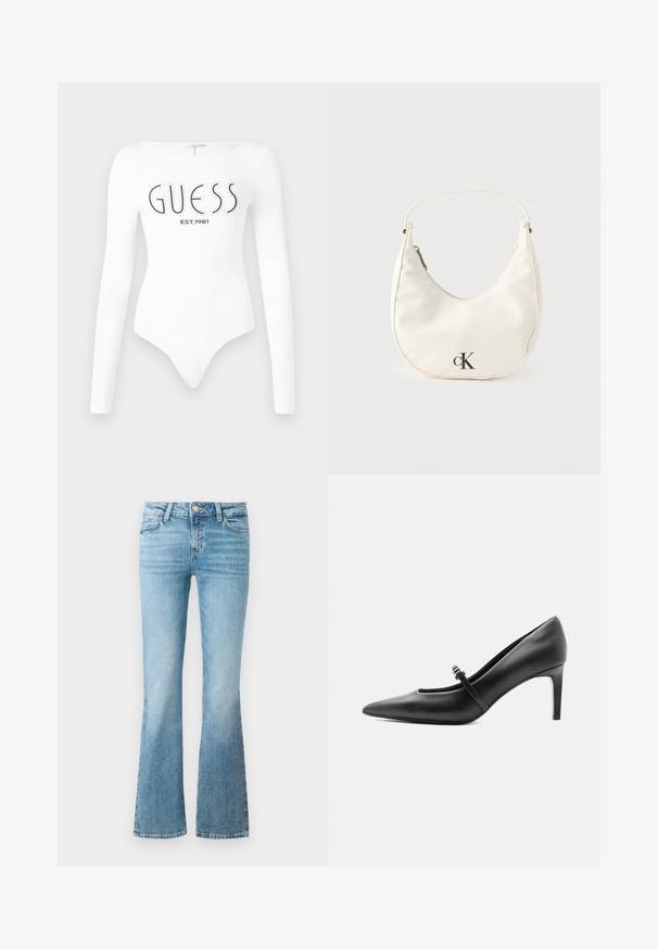 Body à manches longues blanc avec un col rond. Présente le logo "GUESS" et "EST.1981" imprimés en noir sur le devant. Texture lisse.; Jean flare en denim bleu clair avec poches avant, passants de ceinture et fermeture à bouton.; Escarpin noir en cuir à bout pointu avec une fine bride et une boucle sur le cou-de-pied, posé sur un fond clair neutre.; Petit sac à main blanc en forme de croissant avec une courte bandoulière, fermeture éclair et logo "cK" noir sur le devant.