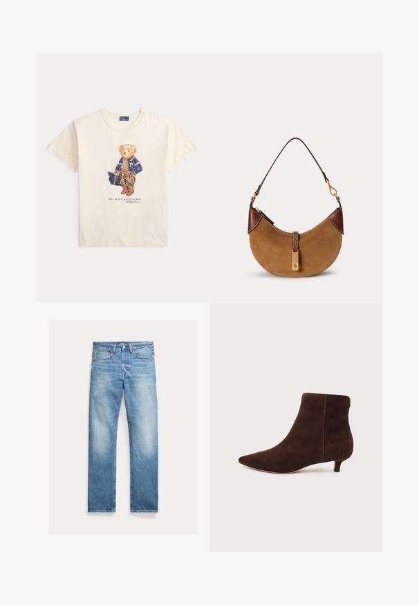 Krémové tričko s krátkym rukávom s medveďom v modrej varsity bunde, hnedých nohaviciach, čižmách, držiacim zodpovedajúcu čiapku a text "Polo Bear by Ralph Lauren".; Svetlomodré rovné rifle s miernym vyblednutím, dizajn s piatimi vreckami a viditeľnou značkou Polo na páse.; Tmavohnedá semišová členková bota so špicatou špičkou a nízkym kitten podpätkom, zobrazená z vnútornej strany na bielom pozadí.; Hnedá semišová kabelka v tvare polmesiaca s tmavohnedými koženými detailmi, zlatými kovaniami a krátkym ramenným popruhom.