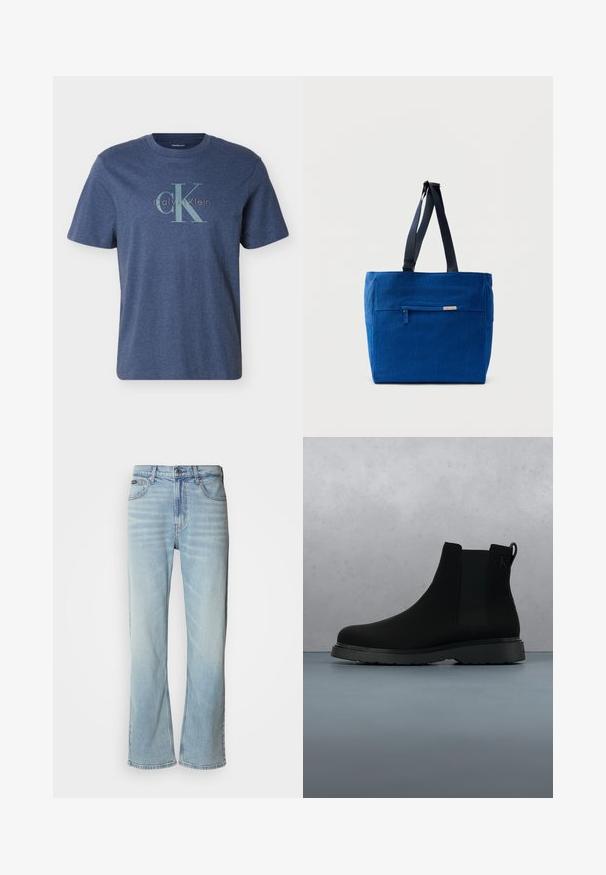Pánske tmavomodré tričko s krátkym rukávom s veľkým svetlomodrým logom "CK" a nápisom "Calvin Klein" potlačeným cez hruď.; Svetlo modré džínsy so strihom rovného nohavice, obsahujúce päť vreciek, zapínanie na gombík a jemné vyblednutie na látke.; Čierne členkové topánky vyrobené z hladkého materiálu s jemným prešívaním, gumovou podrážkou a elegantným dizajnom, umiestnené na povrchu s drevenou textúrou.; Modrá plátenná taška cez rameno s predným vreckom na zips, dvojitými ramennými popruhmi a obdĺžnikovým tvarom. Má nenápadnú značkovú etiketu.