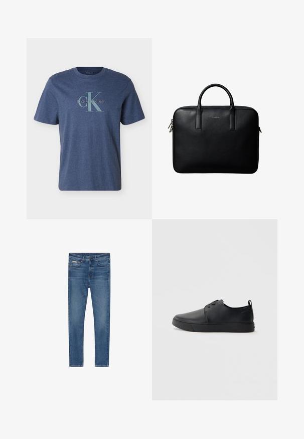 Meeste lühikeste varrukatega tumesinine T-särk, mille rinnal on suur hele sinine "CK" ja "Calvin Klein" logo.; Sinised kitsad teksapüksid, viie taskuga, nööpide sulgemisega ja õrnalt pleekinud reitel ning põlvedel.; Mustaläik nahast spordijalatsid siledaga viimistlusega, ümarate varvastega, sama tooni õmblustega, nööbid ees, ja lamedate kummist tallaga. Kannas aas.; Mustast tekstuuriga nahast portfell kahe käsitsemisvõimalusega ja hõbedaste tõmblukuga, valge tausta keskel.