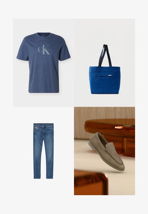 Camiseta de manga corta para hombre en azul marino con un gran logo "CK" y "Calvin Klein" en azul claro impreso en el pecho.; Vaqueros de mezclilla azul con corte ajustado, cinco bolsillos, cierre con botones y sutiles desgastes en los muslos y las rodillas.; Mocasín beige de ante sin cordones con costuras visibles y suela clara, posicionado sobre una alfombra color crema, con un mueble translúcido naranja en el fondo.; Bolsa de lona azul con un bolsillo frontal con cremallera, correas dobles para el hombro y forma rectangular. Cuenta con una etiqueta de marca sutil.