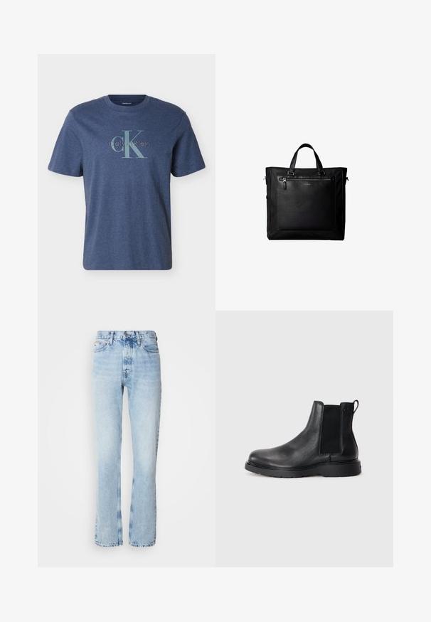 Pánske tmavomodré tričko s krátkym rukávom s veľkým svetlomodrým logom "CK" a nápisom "Calvin Klein" potlačeným cez hruď.; Svetlomodré rifľové nohavice so strihaním rovného strihu, s tradičným piatimi vreckami, kovovým zapínaním a jemným zosvetlením.; Čierne kožené chelsea čižmy s textúrovaným povrchom, elastickými bočnými panelmi a pevným gumovým podpätkom. Diskrétny branding na päte.; Čierna taška so dvojitými rukoväťami, veľkou koženou prednou vreckou so zipsom a jemným logom Calvin Klein v strede vrecka.