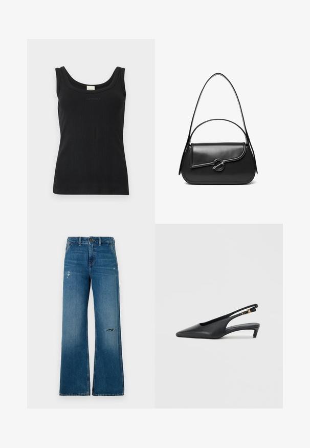Zwarte geribbelde mouwloze tanktop met een ronde hals en het "Calvin Klein"-logo op de borst, afgebeeld tegen een effen witte achtergrond.; Blauwe denim wijde jeans met een vervaagde textuur, voorzien van twee versleten gedeelten aan de voorkant, een knoopsluiting en een vijf-pocket ontwerp.; Zwarte slingback pumps met een spitse neus, een gladde leren textuur, een lage kittenhak en een bandje met een metalen gespaccent.; Zwarte leren schoudertas met een gebogen klep die is bevestigd met een ronde metalen sluiting en een smalle, verstelbare band.