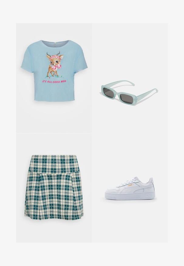 Neon & Nylon ONLTRINNY GOOD BOX - T-shirts print - clear sky deer; Skotsk nederdel i creme og teal, med plisseringer, en tætsiddende talje og et let stof. Distinktiv ternet mønster hele vejen igennem.; Hvide lædersneakers med en kraftig sål, der har en glat overflade, minimalistisk design, side-striber og en lille logo detalje.; Et par rektangulære solbriller med lyseblå gennemsigtige stel og mørkegrå linser, der har lige templer og minimale hardware detaljer.