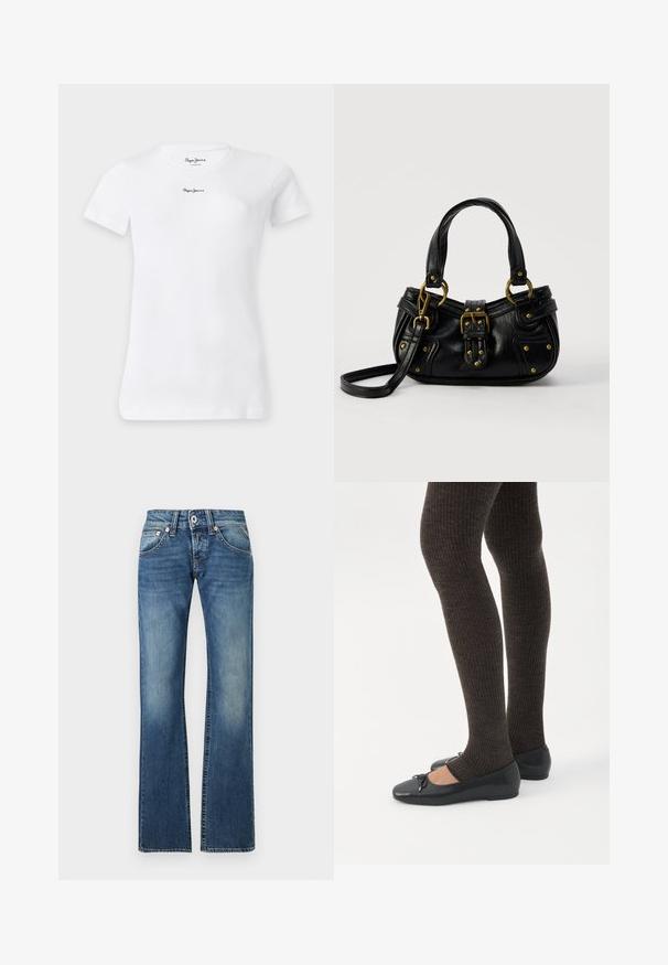 T-shirt blanc manches courtes col rond avec petit logo noir "Pepe Jeans" centré près de l'encolure et à l'intérieur du col.; Jean en denim bleu avec fermeture par bouton et zip, poches avant et arrière, et légère décoloration aux cuisses et aux genoux.; Jambes portant des leggings côtelés foncés associés à des ballerines noires avec de petits détails en nœud sur fond blanc.; Sac à main en cuir noir avec boucle dorée et détails à rivets, poignées courtes et bandoulière réglable sur fond blanc uni.