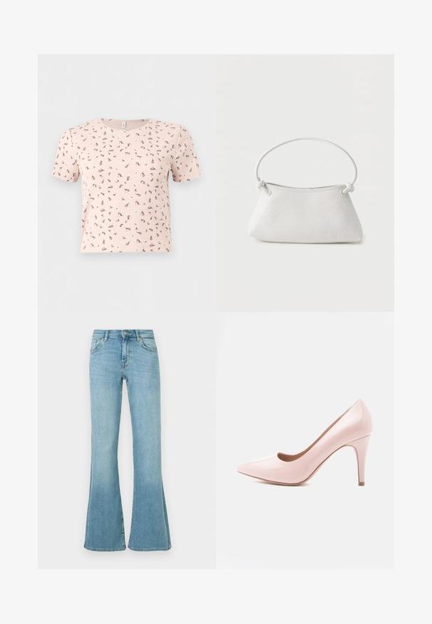 Crop top court à manches courtes rose clair en tissu côtelé, avec un petit motif floral rose foncé dispersé et un col rond.; Jean en denim bleu clair à taille haute, fermeture avant par bouton et zip, poches avant et arrière, et jambes évasées.; Chaussure à talon haut en cuir verni rose, à bout pointu et talon fin. Texture lisse avec une finition brillante. Aucun accent ou motif visible.; Sac à main en cuir tressé blanc avec poignée arrondie et extrémités de lanière nouées, présenté sur un fond uni.