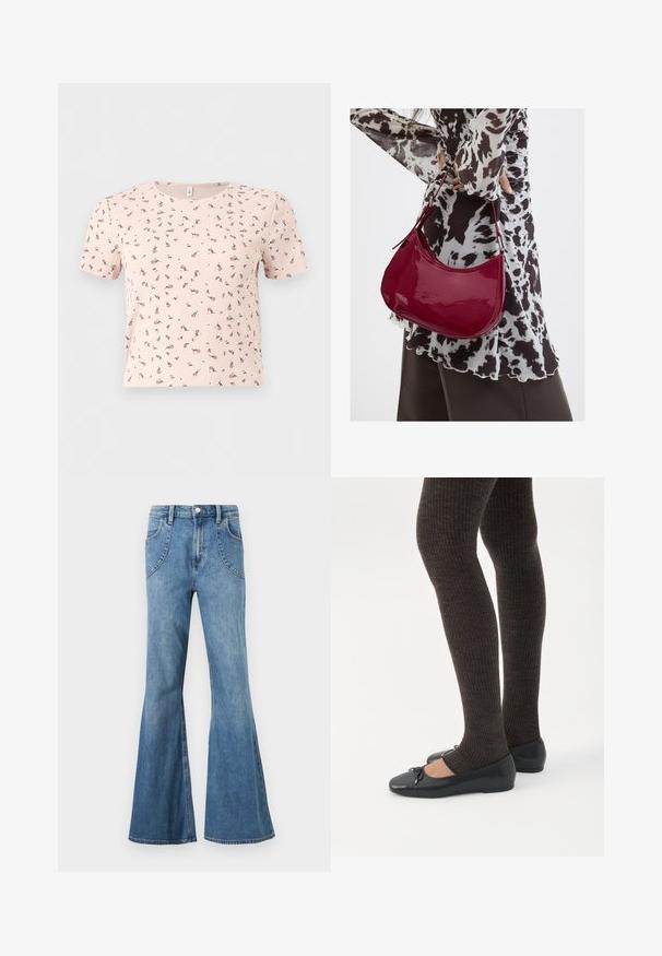 Crop top court à manches courtes rose clair en tissu côtelé, avec un petit motif floral rose foncé dispersé et un col rond.; Jean en denim bleu clair taille haute avec jambes larges évasées et poches avant incurvées, présenté sur un fond blanc.; Jambes portant des leggings côtelés foncés associés à des ballerines noires avec de petits détails en nœud sur fond blanc.; Femme portant un chemisier à motif noir et blanc tenant un sac à main rouge brillant sur un fond uni.