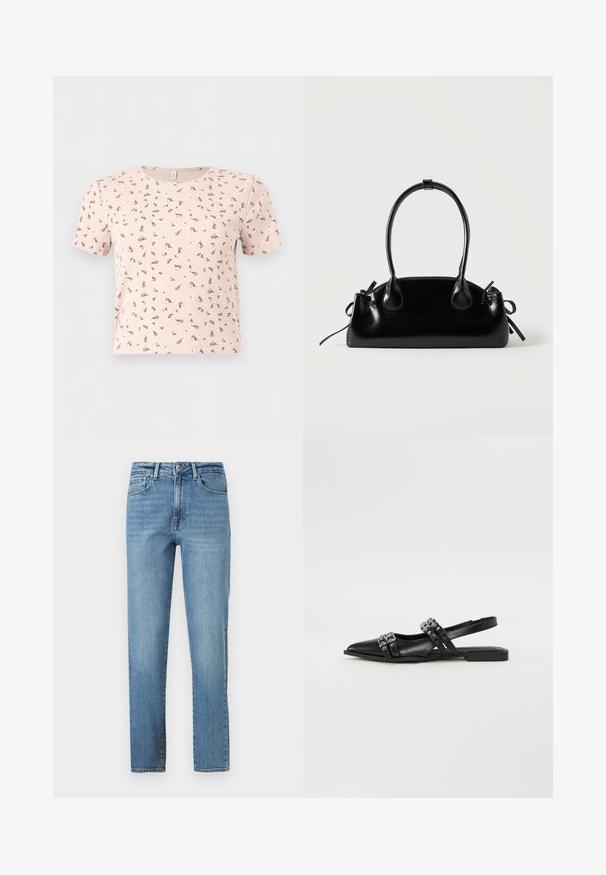 Ροζ ανοιχτό ροζ κοντομάνικο ριπ crop top με μικρό σκόρπιο σκουρόχρωμο ροζ λουλουδένιο μοτίβο και στρογγυλή λαιμόκοψη.; Ανοιχτό μπλε τζιν από ντένιμ, με ίσια γραμμή, πέντε τσέπες και τυπική μέση με κουμπί και φερμουάρ μπροστά.; Even&Odd by Zalando Μπαλαρίνες με λουράκι στον αστράγαλο - black; Μικρή μαύρη γυαλιστερή τσάντα με δύο μακριές λαβές και λεπτομέρειες με ρυθμιζόμενο κορδόνι στο πλάι σε απλό ανοιχτό φόντο.