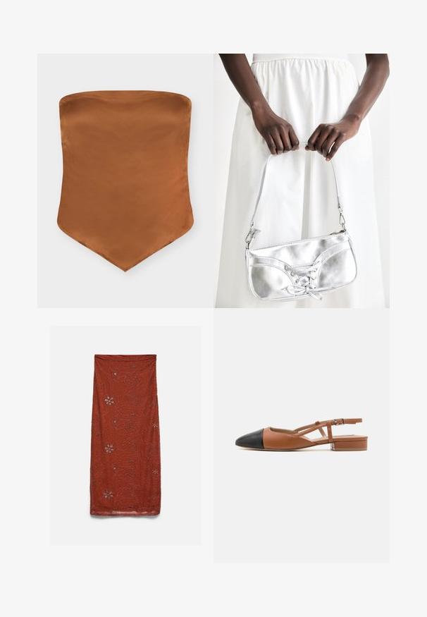 Haut bustier en satin marron avec un ourlet pointu et un design simple et lisse sur fond blanc.; Jupe droite couleur rouille avec motifs de broderie florale en perles sur un fond uni.; Steve Madden BELINDA - Ballerines à brides arrière - brown/black; Sac à main en métal argenté avec un détail à lacets, arborant un design épuré et une courte sangle. Le sac est tenu dans les mains, mettant en valeur sa texture.