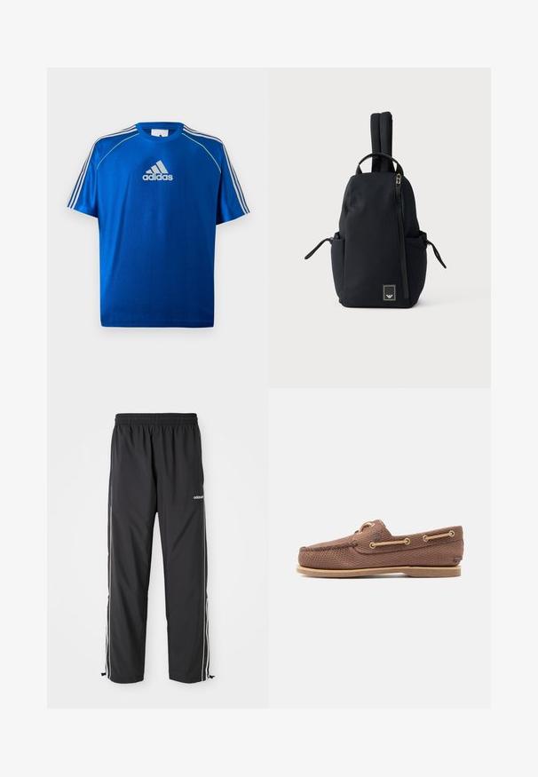 Blaues Adidas Sport-T-Shirt mit weißem Logo auf der Brust, weißen Streifen auf den Schultern und neon-gelber Paspelierung an den Schulternähten.; Schwarze Sporthose aus leichtem Material, mit weißen Seitenstreifen, einem elastischen Bund und verstellbaren Knöchelbündchen.; Brauner Bootsschuh aus strukturiertem Leder mit beigen Schnürsenkeln, die durch Metallösen gezogen sind, und einer flachen Gummisohle.; Schwarzer Rucksack mit vertikalen Rippen, oben mit Griff, zwei gepolsterten Schulterriemen, seitlichen Taschen und einem diagonalen Reißverschluss vorne.