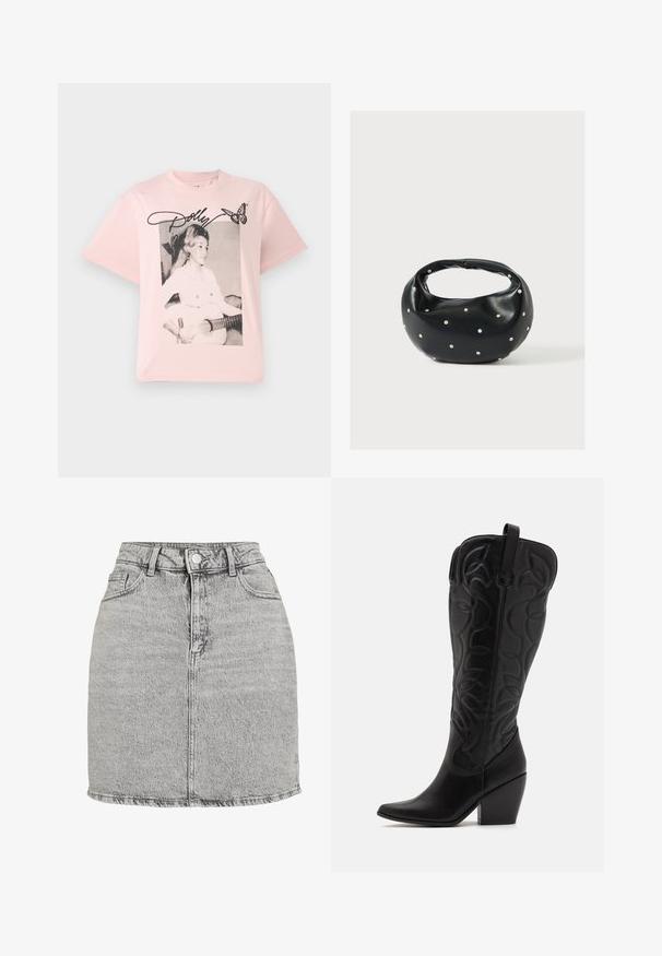 Lyserød bomulds T-shirt med et sort-hvidt grafik af en kvinde med en guitar, accentueret med navnet "Dolly" i skråskrift og en sommerfugl.; Grå denimnederdel med høj talje, frontknaplukning og to sidelommer. Har en rippet kant og en subtil stone-washed tekstur.; Sorte knæhøje støvler i læder med spids snude og lagdelt hæl. Har dekorative syninger og buede designelementer.; Sort læderhåndtaske med en rundet form, dekoreret med sølvnitter, og et kort håndtag. Glat tekstur og lynlåslukning.