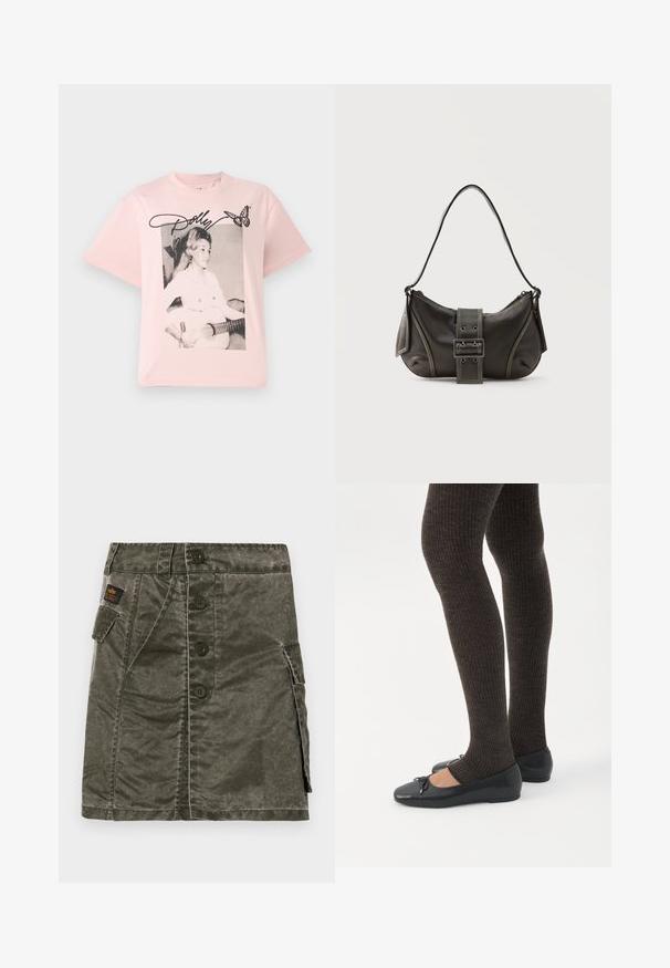 Roze katoenen t-shirt met een zwart-wit afbeelding van een vrouw met een gitaar, versierd met de naam "Dolly" in een scriptlettertype en een vlinder.; Olijfgroene rok met knopen aan de voorkant, gemaakt van gestructureerde stof, met een zijzak en stikdetails. Regular fit, knielange ontwerp.; Benen met donkere geribbelde leggings gecombineerd met zwarte ballerina's met kleine strikdetails op een witte achtergrond.; Zwarte leren schoudertas met gespsluiting aan de riem, afgeronde hoeken en contrasterende witte stiksels op een effen achtergrond.