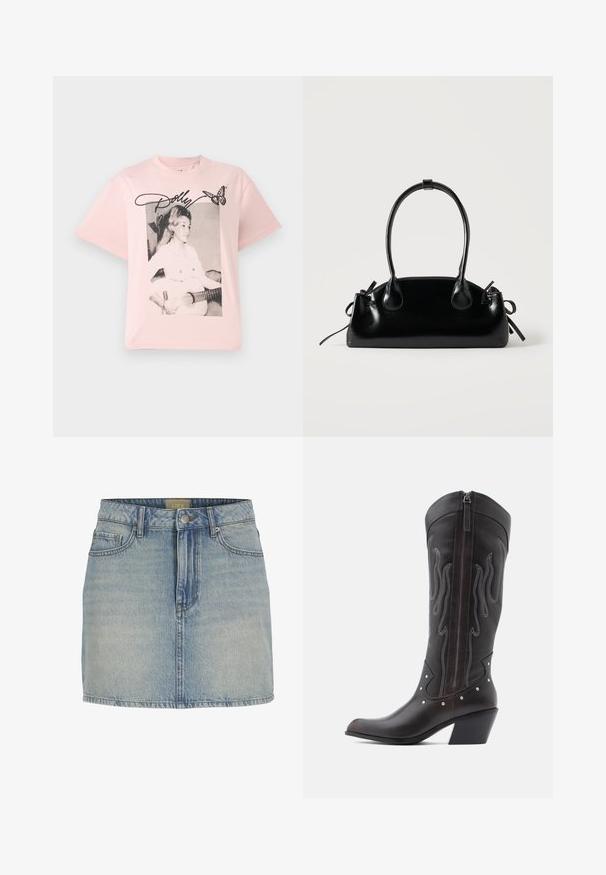 Rosa Baumwoll-T-Shirt mit einem schwarz-weißen Grafikbild einer Frau mit einer Gitarre, ergänzt durch den Namen "Dolly" in Schreibschrift und einem Schmetterling.; Hellblaues Jeans-Minikleid mit schmaler Taille, Frontknopfverschluss, fünf Taschen und einem dezenten Ausbleichen des Stoffes.; Braune Cowboy-Stiefel aus Leder mit Flammenstickerei, seitlichem Reißverschluss, silbernen Nieten, spitzer Zehenpartie und geschichtetem Absatz.; Kleine schwarze glänzende Handtasche mit zwei langen Griffen und seitlichen Kordelzug-Details vor einfachem hellem Hintergrund.
