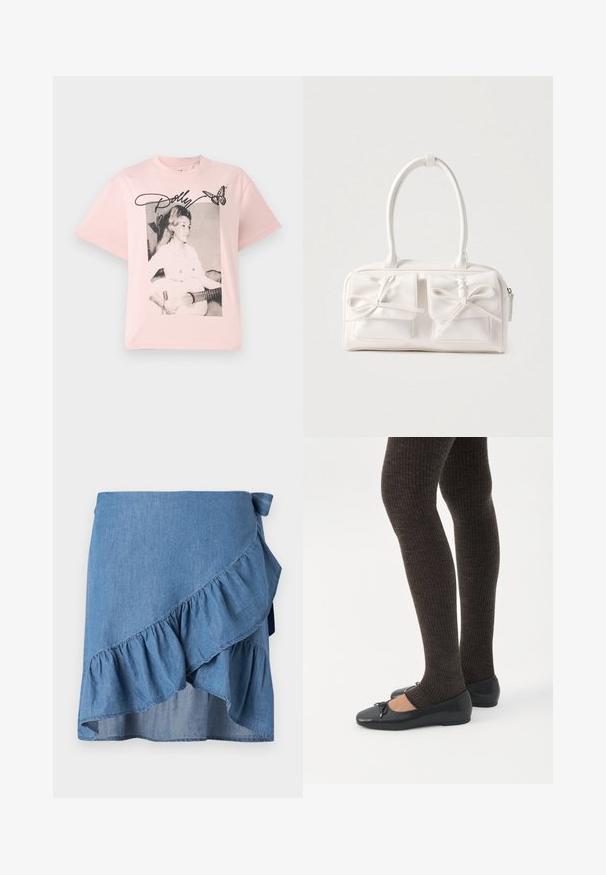 Lyserød bomulds T-shirt med et sort-hvidt grafik af en kvinde med en guitar, accentueret med navnet "Dolly" i skråskrift og en sommerfugl.; Lysblå denimwrapnederdel med volangkant og bindebånd i taljen. Glat tekstur og en svævende silhuet.; Ben iført mørke ribbede leggings kombineret med sorte balletsko med små sløjfedetaljer på hvid baggrund.; Hvid syntetisk håndtaske med to forlommer, hver med en bundet sløjfedetalje. Glat tekstur, afrundede håndtag og lynlås lukning.