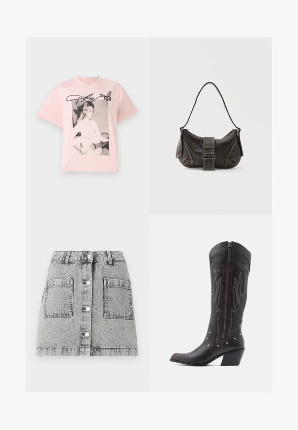 Roze katoenen t-shirt met een zwart-wit afbeelding van een vrouw met een gitaar, versierd met de naam "Dolly" in een scriptlettertype en een vlinder.; Lichtgrijze denimrok met een vervaagde textuur, voorzien van een knoopsluiting aan de voorkant, twee grote zijzakken en een rechte snit.; Bruine leren cowboylaarzen met vlamstiksels, zijrits, zilveren studs, spits toelopende neus en gestapelde hak.; Zwarte leren schoudertas met gespsluiting aan de riem, afgeronde hoeken en contrasterende witte stiksels op een effen achtergrond.