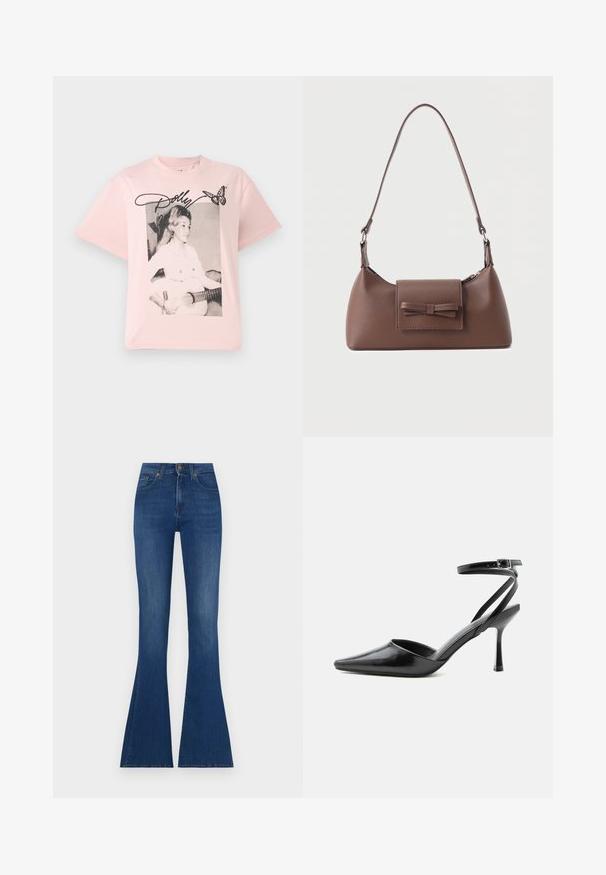 Lyserød bomulds T-shirt med et sort-hvidt grafik af en kvinde med en guitar, accentueret med navnet "Dolly" i skråskrift og en sommerfugl.; Flares jeans i mørkeblåt denim, høj talje med en tætsiddende top og brede flared bukseben, præget af diskret slidser og klassisk syning.; Sort spids højhælet sko med tynde ankelremme og sølvspænde på en ensfarvet lys baggrund.; Brun skuldertaske i læder med en frontlomme med klap, der har en sydd sløjfedetalje, og en justerbar rem.