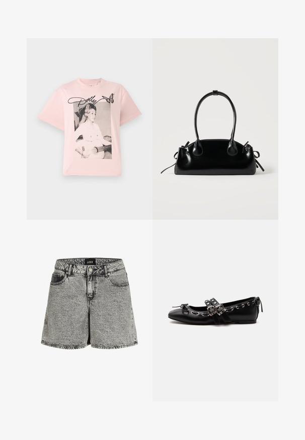 Lyserød bomulds T-shirt med et sort-hvidt grafik af en kvinde med en guitar, accentueret med navnet "Dolly" i skråskrift og en sommerfugl.; Sorte og grå denimshorts med høj talje, fem-lomme design og frynset kant. Har en falmet tekstur og metallås.; Sort flad balletsko med dobbelt spænde, sølvøjer og en lille sløjfe nær den runde tå på en hvid baggrund.; Lille sort blank håndtaske med to lange håndtag og snøre-detaljer i siden på en ensfarvet lys baggrund.