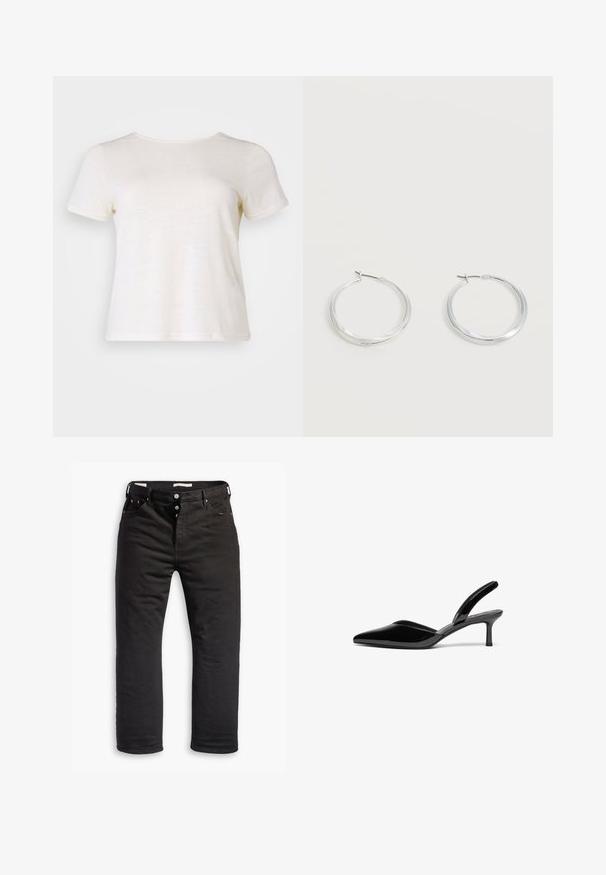 Cremefarvet t-shirt med korte ærmer og rund halsudskæring, lavet af blødt stof, med en glat tekstur og en afslappet pasform.; Sorte denim jeans med lige ben, med knaplukning, fem lommer og diskrete syninger. Glat tekstur.; Sorte patentlæder slingback hæle med spids tå, lav stiletto hæl og et elegant, enkelt design uden pynt.; Sølvfarvede metaloorringe med glat, let buet overflade og låsemekanisme på en ensfarvet hvid baggrund.