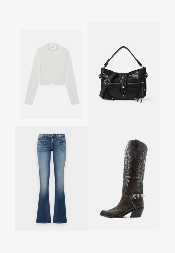 Hvid langærmet top med høj hals, der har et diagonalt sømdesign og en cropped kant. Blødt stof med en glat tekstur.; Flared denim jeans i mellemblå med en falmet vask. Har fem lommer, bæltestropper og kontrasterende syninger. Blødt, tekstureret stof.; Sort læder cowboystøvle med dekorative udskæringer, sølvspænde og skrå hæl, vist på hvid baggrund.; Even&Odd H24462 - Håndtasker - black