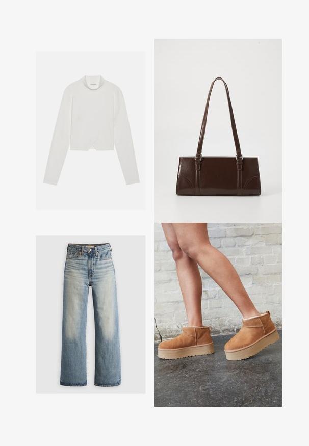 Hvid langærmet top med høj hals, der har et diagonalt sømdesign og en cropped kant. Blødt stof med en glat tekstur.; Lysevaskede, blå denim bredbenede jeans med høj talje, fem lommer og messingdetaljer. Aftagende nuancer foran og bagpå.; Brune ruskinds ankelsko med en blød foring, tyk beige plattformsål og en bageste løkke. Tekstureret overflade med synlige sømdetaljer.; Brun lakeret håndtaske med rektangulær form, to lange håndtag og subtile buede detaljer på fronten.