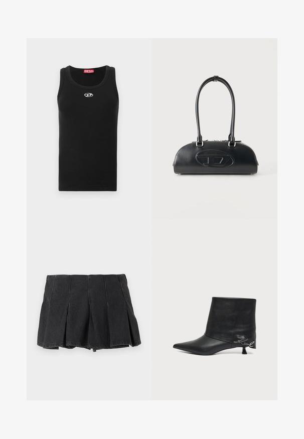 Black tank top made of cotton fabric featuring a round neckline, sleeveless design, and a small white logo on the chest area.; Black pleated mini skirt with visible seam details, made of denim fabric, shown against a plain light background.; Black leather ankle boot with pointed toe, short kitten heel, and silver script detail near the heel.; Black leather handbag with long double handles and embossed oval logo on front, shown against a plain light background.